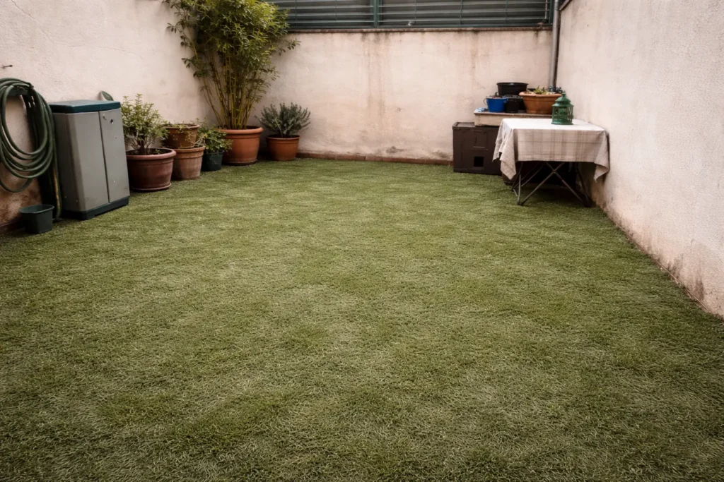 instalación de césped artificial en patio interior en Madrid con acabado natural