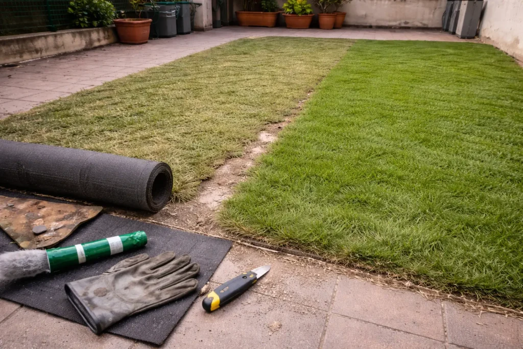 renovación de césped artificial antiguo a nuevo en vivienda en Madrid proceso real
